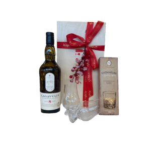 Χριστουγεννιάτικη ξύλινη συσκευασία δώρου. Lagavulin 8, σοκολάτα chommelier και ποτήρια